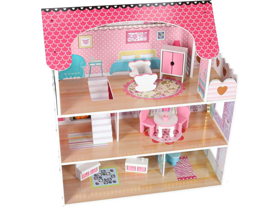 MDF drevený domček pre bábiky + nábytok 70cm ružový LED