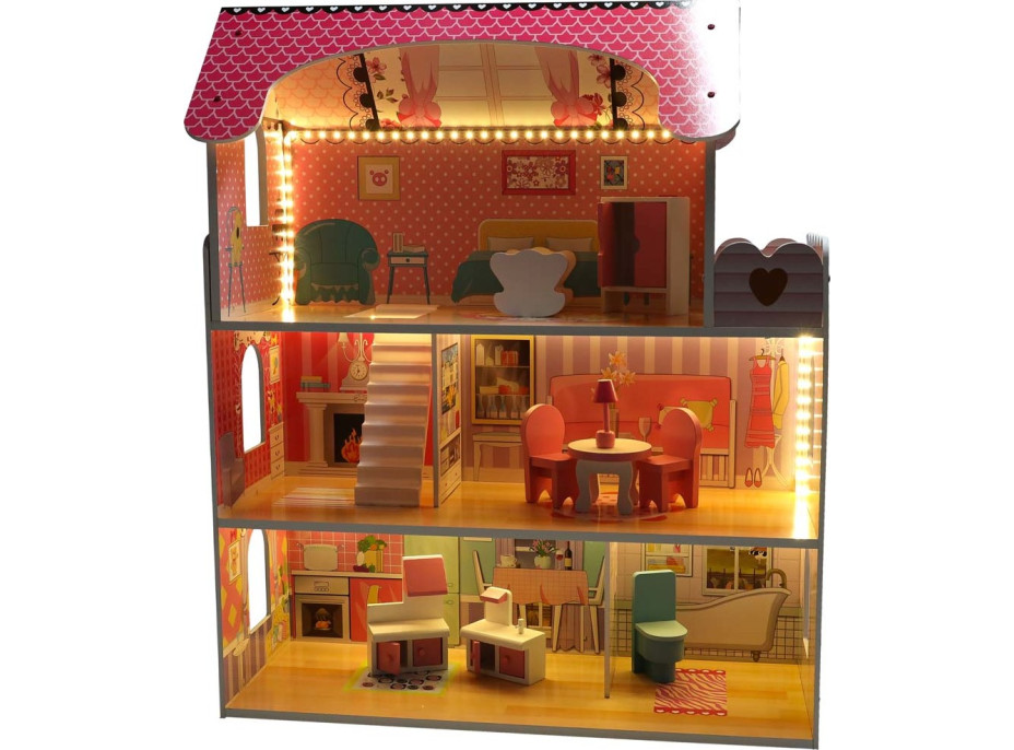 MDF drevený domček pre bábiky + nábytok 70cm ružový LED