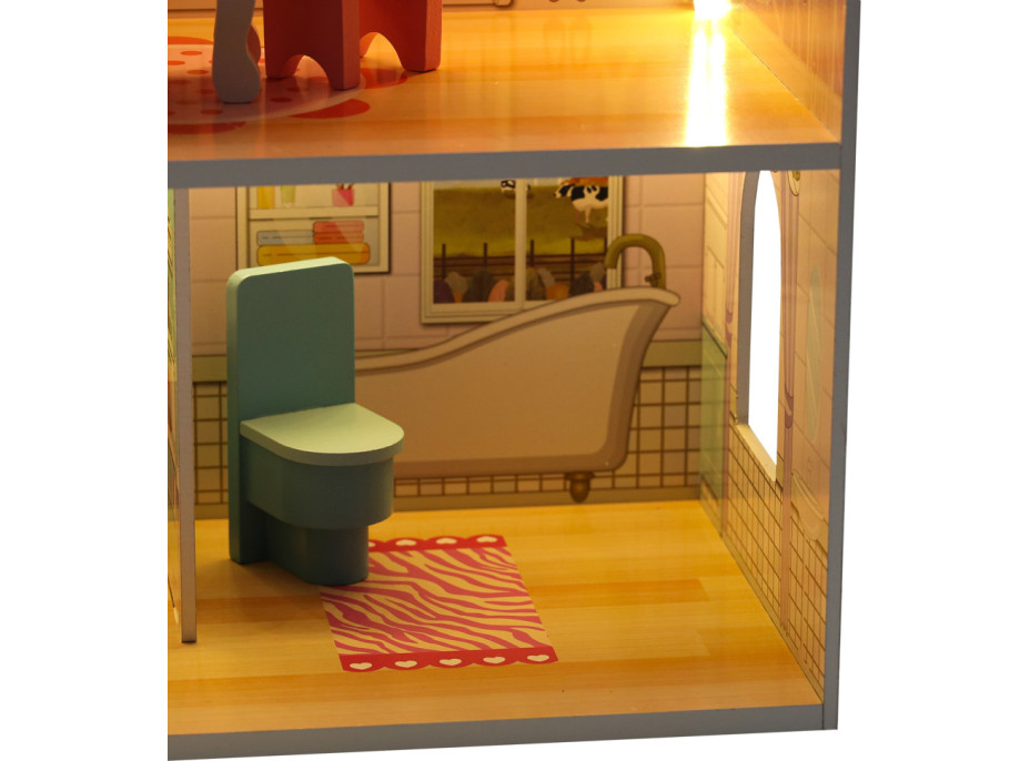 MDF drevený domček pre bábiky + nábytok 70cm ružový LED