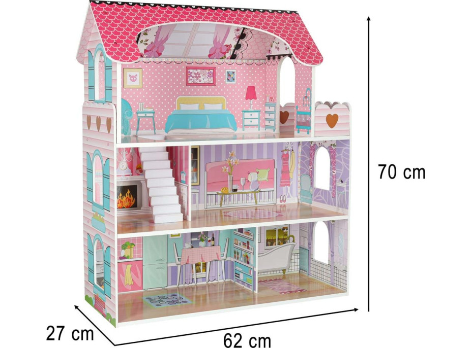 MDF drevený domček pre bábiky + nábytok 70cm ružový LED