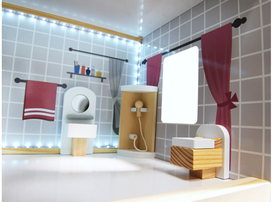 MDF drevený domček pre bábiky + nábytok 78cm čierny LED
