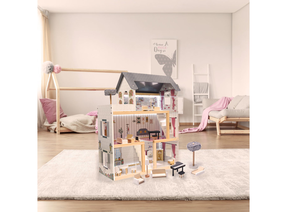 MDF drevený domček pre bábiky + nábytok 78cm čierny LED