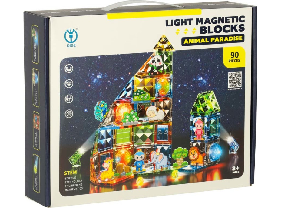 3D stavebné magnetické kocky svietiace Zvierací park - 90 prvkov