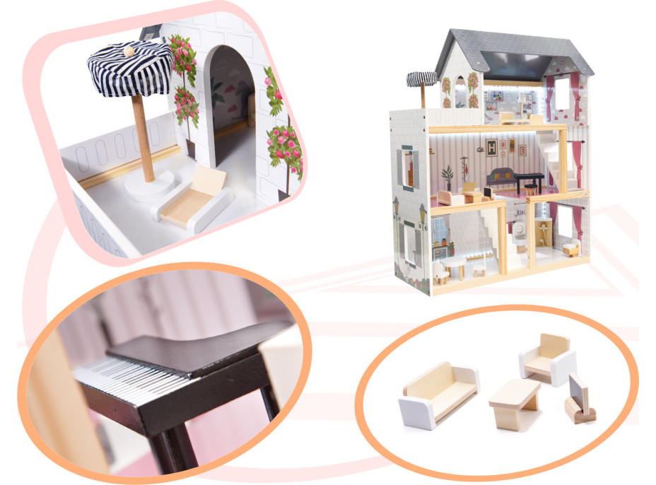 MDF drevený domček pre bábiky + nábytok 78cm čierny LED