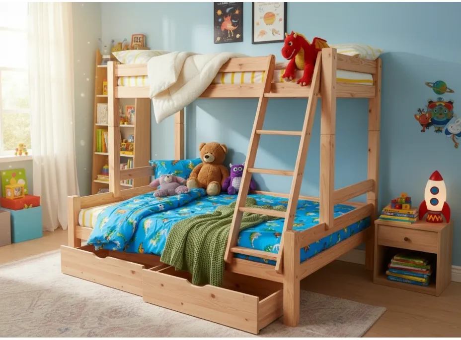 Detská poschodová posteľ s rozšíreným spodným lôžkom z MASÍVU 200x90cm so šuplíkmi PAVLÍNA