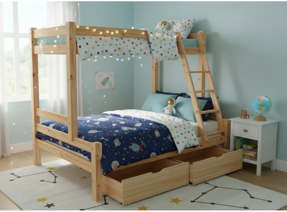 Detská poschodová posteľ s rozšíreným spodným lôžkom z MASÍVU 200x90cm so šuplíkmi PAVLÍNA