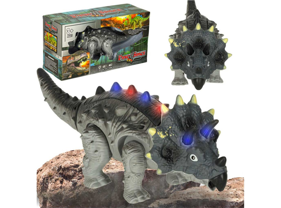 Diaľkovo ovládaný chodiaci dinosaurus RC Triceratops so zvukmi a svetlom