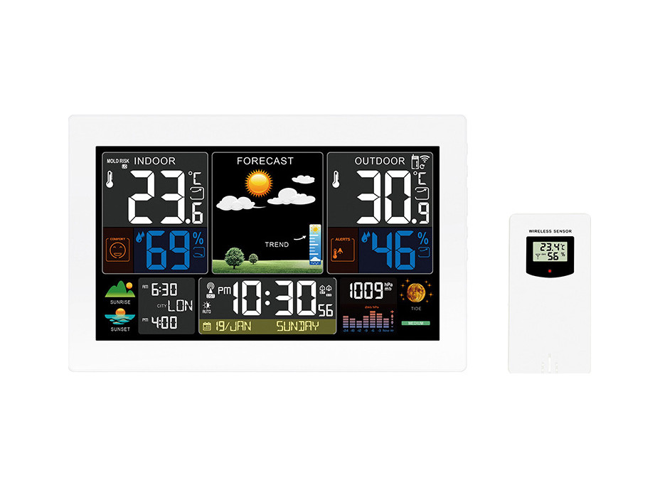 Solight meteostanica, extra veľký farebný LCD, teplota, vlhkosť, tlak, RCC, USB nabíjanie, biela