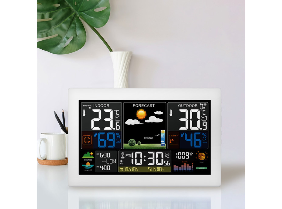 Solight meteostanica, extra veľký farebný LCD, teplota, vlhkosť, tlak, RCC, USB nabíjanie, biela