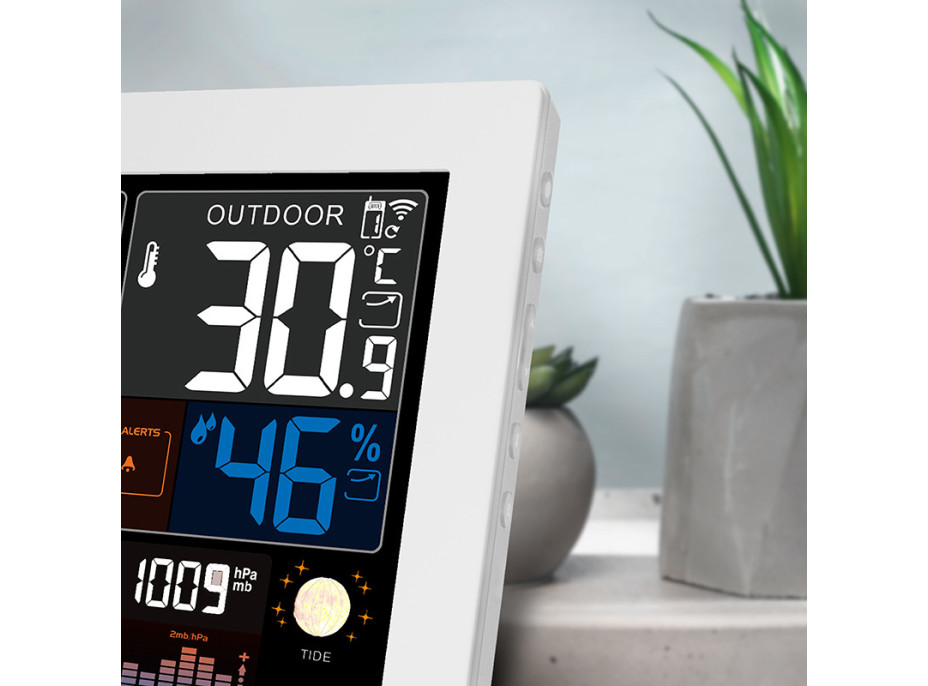 Solight meteostanica, extra veľký farebný LCD, teplota, vlhkosť, tlak, RCC, USB nabíjanie, biela