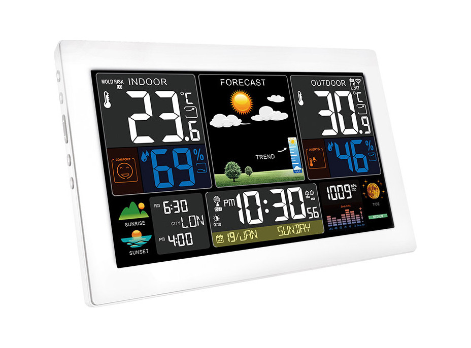 Solight meteostanica, extra veľký farebný LCD, teplota, vlhkosť, tlak, RCC, USB nabíjanie, biela