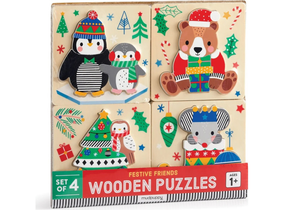 Mudpuppy Drevené vianočné puzzle sada 4 puzzle