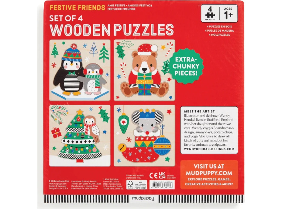 Mudpuppy Drevené vianočné puzzle sada 4 puzzle
