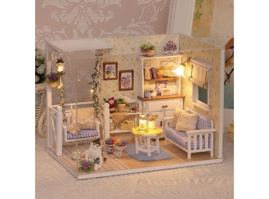 Miniatúra domčeka Obývacia izba retro s LED osvelením