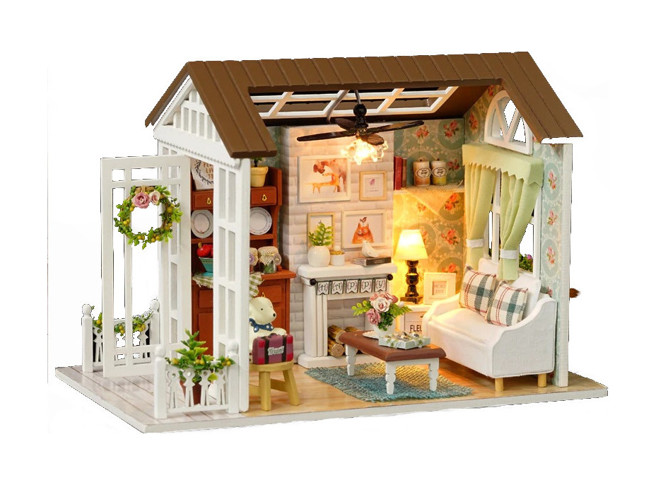 Miniatúra domčeka DIY Obývacia izba pre bábiky s LED osvetlenie