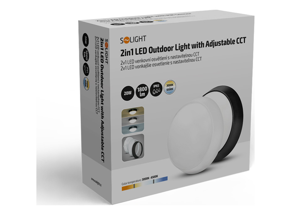 Solight LED vonkajšie osvetlenie, nastaviteľná teplota svetla - 3CCT, 15/18/20W, 1800lm, 22cm, 2v1 - biely a čierny kryt