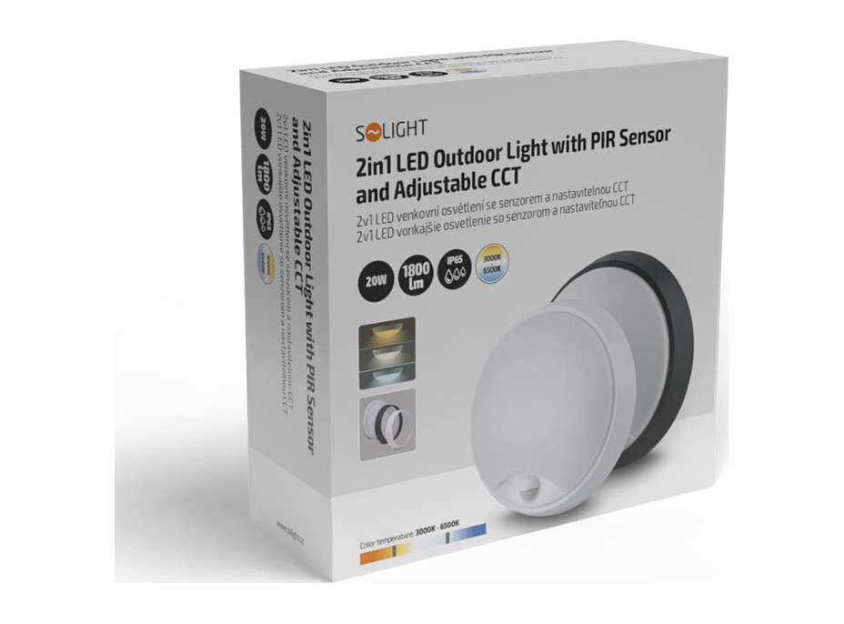 Solight LED vonkajšie osvetlenie so senzorom, 3 CCT, 15/18/20W, 1800lm, 22cm, 2v1 - biely a čierny kryt
