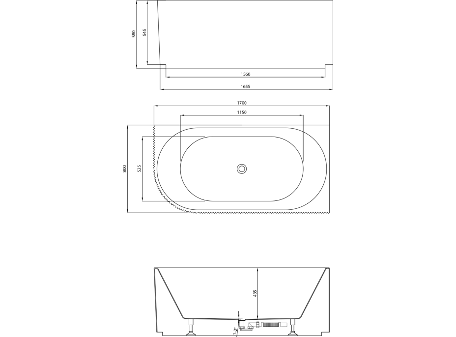 Aqualine TIBERA STRIP R rohová stojaca vaňa, 170x81cm, biela E1015G