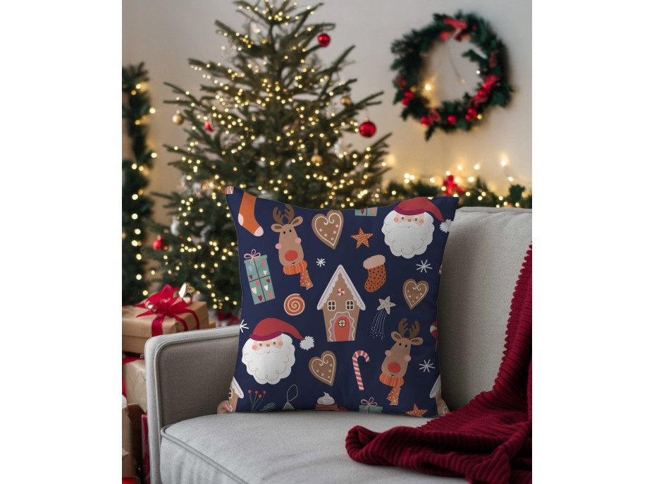 Vianočná obliečka na vankúš HOLLY JOLLY Vianočná dekorácia 45x45 cm - tmavo modrý