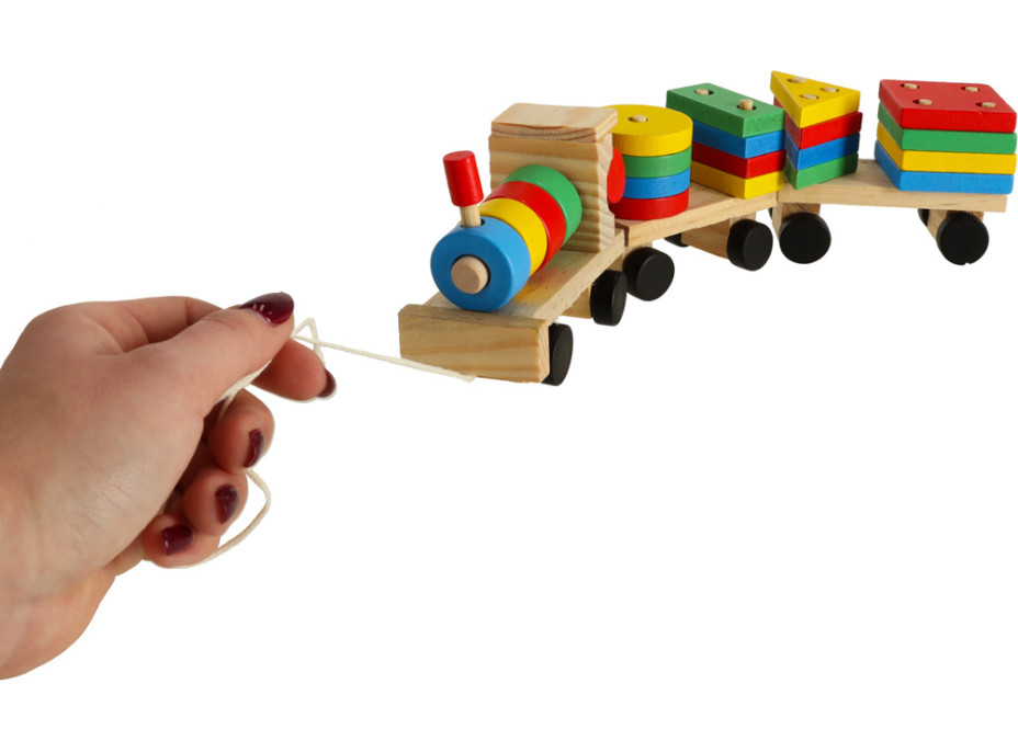 Drevená vkladačka - triedenie tvarov - Lokomotíva s vagónmi - 30 cm