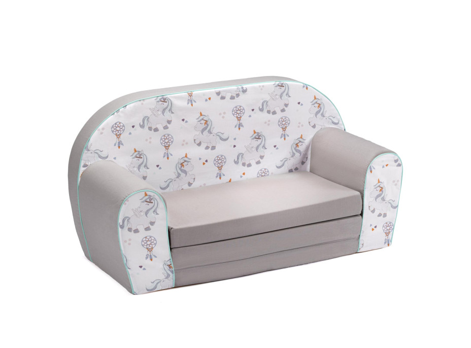 Detská rozkladacia MINI pohovka Jednorožce - biela / sivá