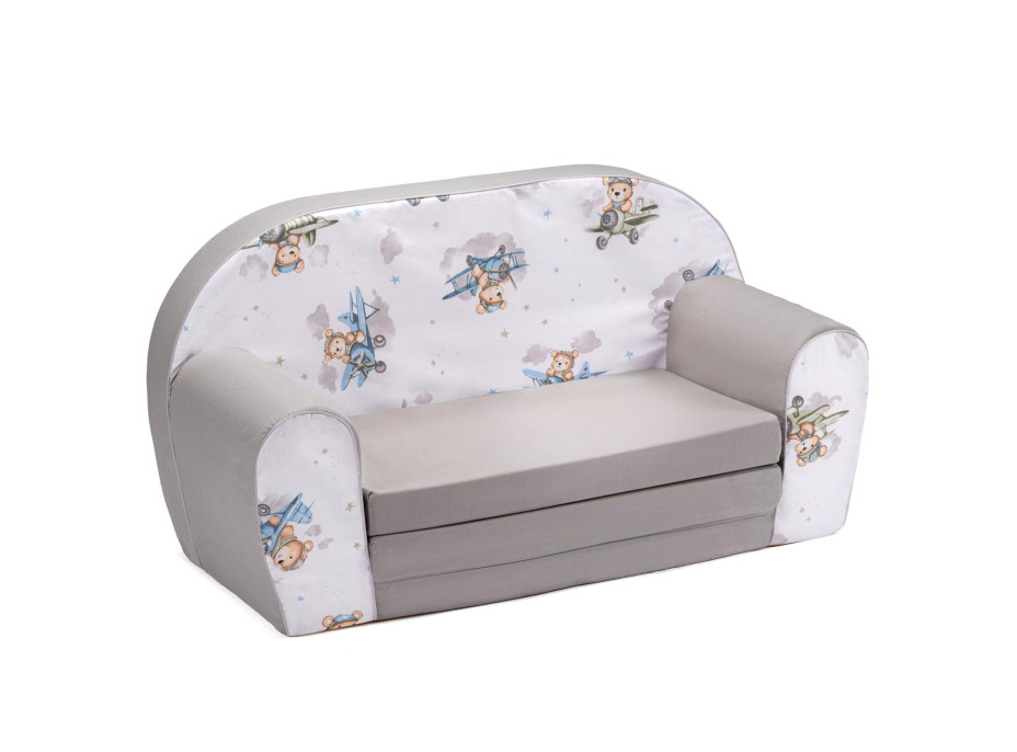 Detská rozkladacia MINI pohovka Macko v lietadle- biela/sivá