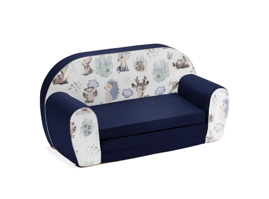 Detská rozkladacia MINI pohovka Vlk a kamaráti - biela/tmavo modrá Detská rozkladacia MINI pohovka Vlk a kamaráti - biela/tmavo modrá