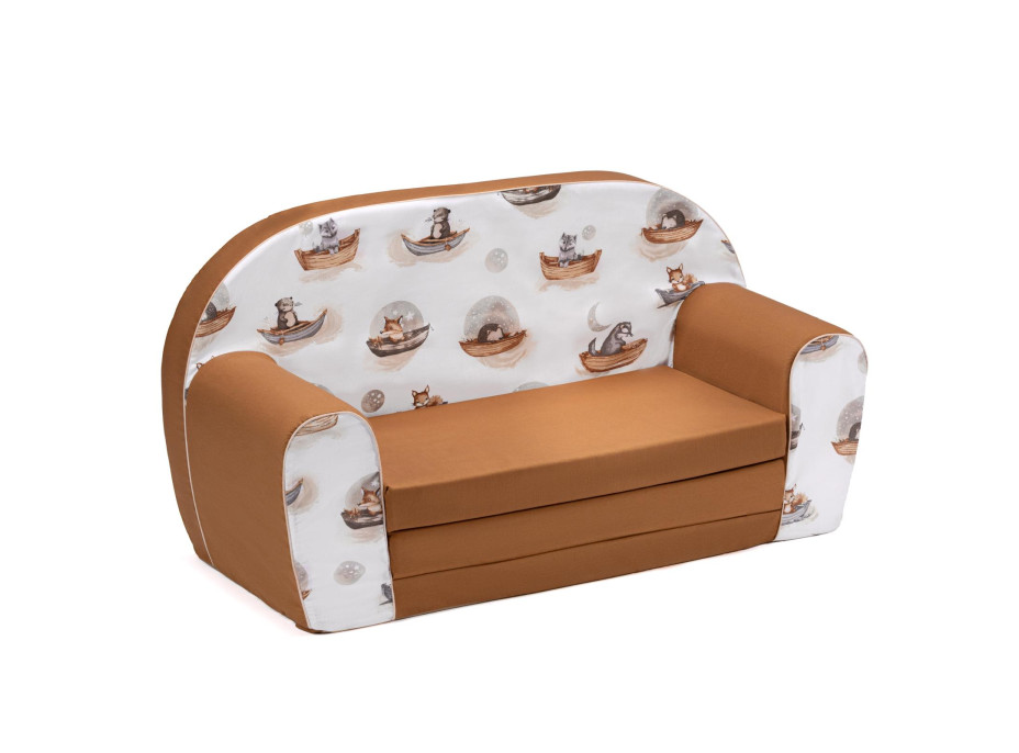 Detská rozkladacia MINI pohovka Zvieratká na lodičkách - biela/hnedá Detská rozkladacia MINI pohovka Zvieratká na lodičkách - biela/hnedá