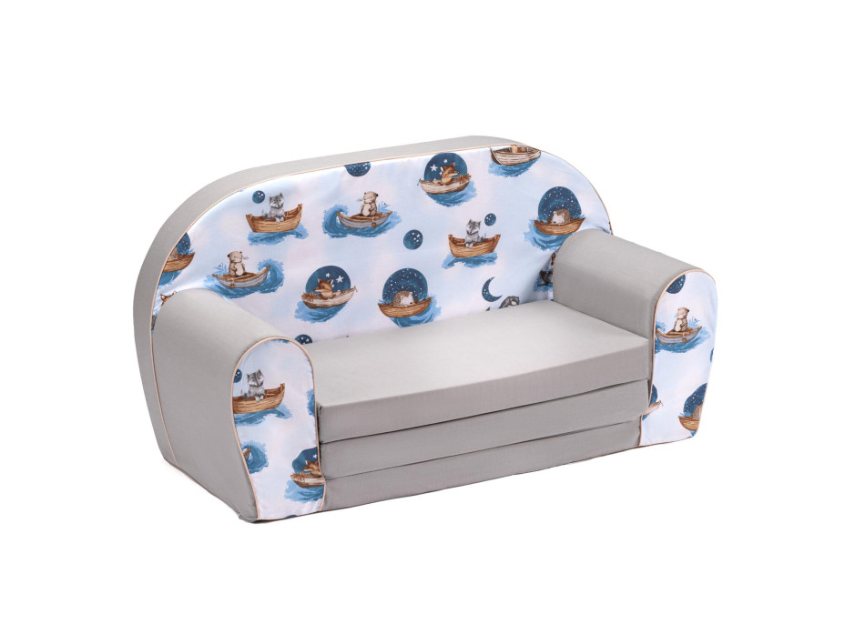 Detská rozkladacia MINI pohovka Zvieratká na lodičkách - modrá/sivá Detská rozkladacia MINI pohovka Zvieratká na lodičkách - modrá/sivá