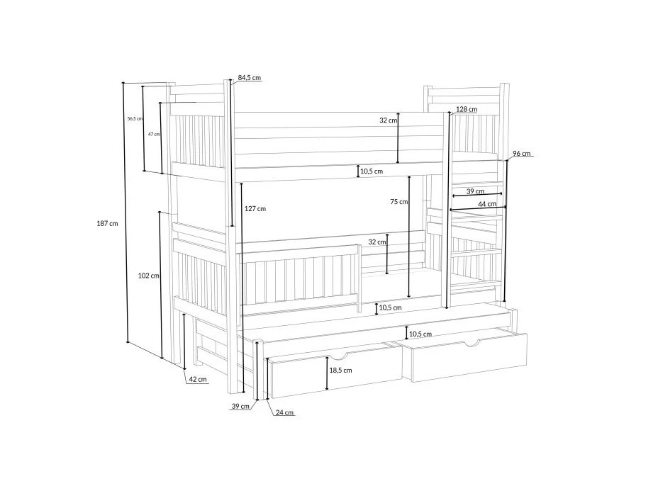 Detská poschodová posteľ z masívu borovice PETR s prístelkou a šuplíky - 200x90 cm - BIELA