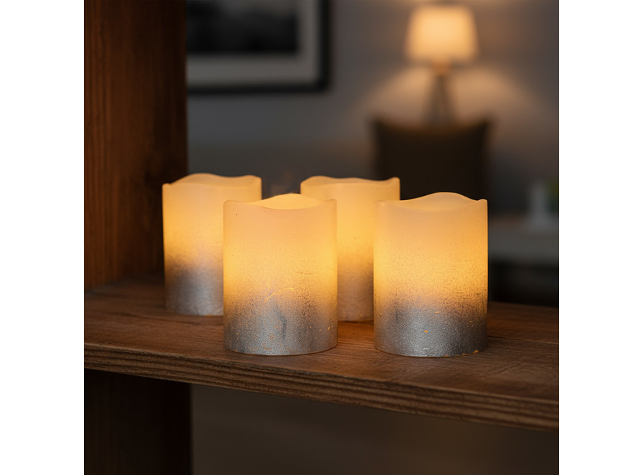 Solight sada LED sviečok s časovačom, 4x sviečka, 6,5 cm, strieborná farba, 4xCR2032 súčasťou