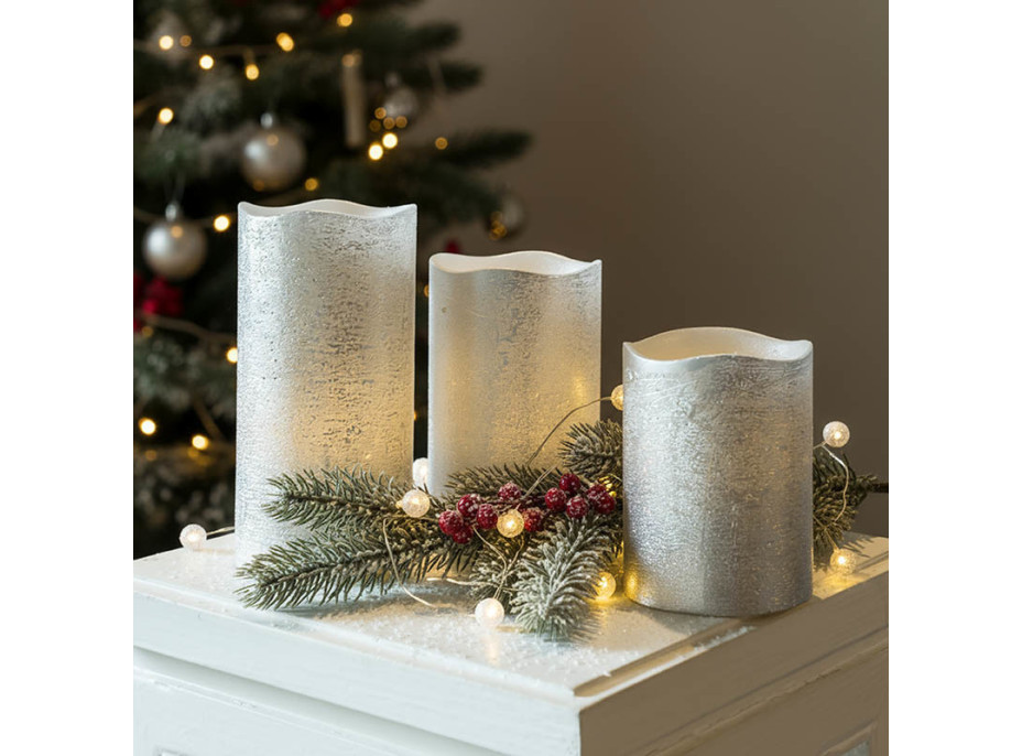 Solight sada LED sviečok, 3x sviečka, 10/13/16cm, strieborná farba, 3x AAA