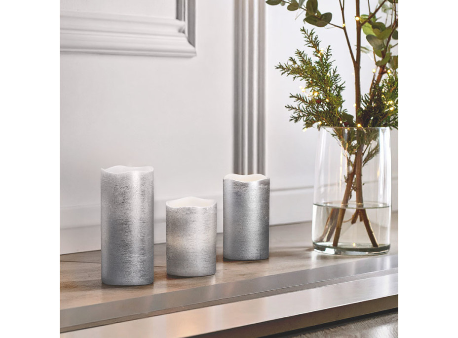 Solight sada LED sviečok, 3x sviečka, 10/13/16cm, strieborná farba, 3x AAA