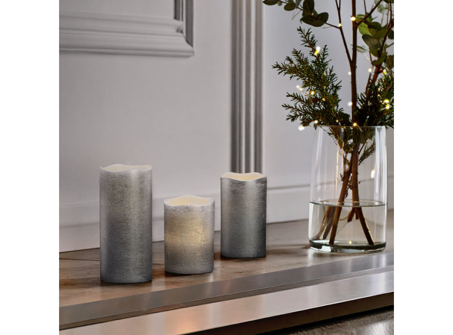 Solight sada LED sviečok, 3x sviečka, 10/13/16cm, strieborná farba, 3x AAA