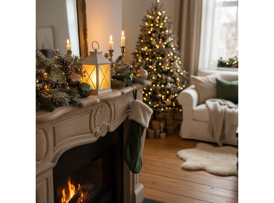 Solight LED vianočný lampáš biely, 20cm, časovač, 2x AA