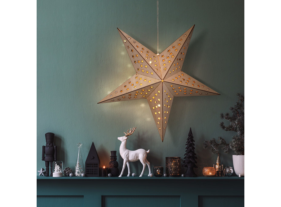 Solight LED drevená vianočná hviezda, závesná, časovač, 20x LED, 65cm, 2x AA