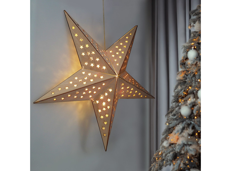 Solight LED drevená vianočná hviezda, závesná, časovač, 20x LED, 65cm, 2x AA
