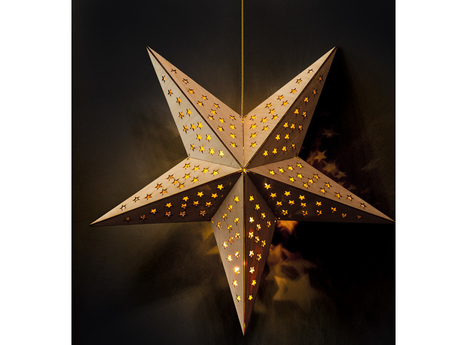 Solight LED drevená vianočná hviezda, závesná, časovač, 20x LED, 65cm, 2x AA