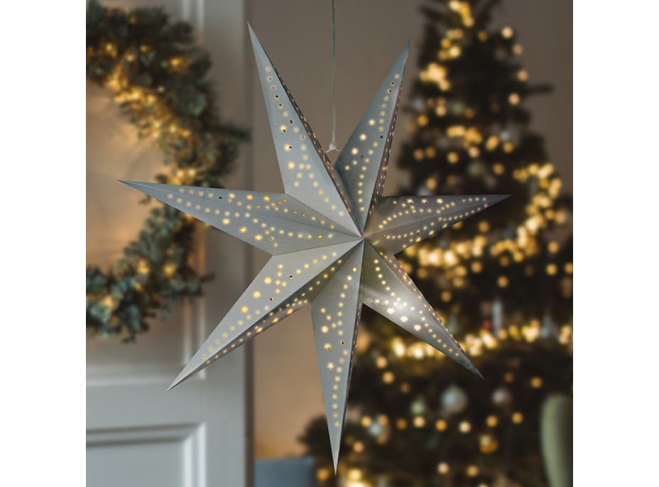Solight LED vianočná hviezda strieborná, závesná, časovač, 60cm, 20x LED, 2x AA