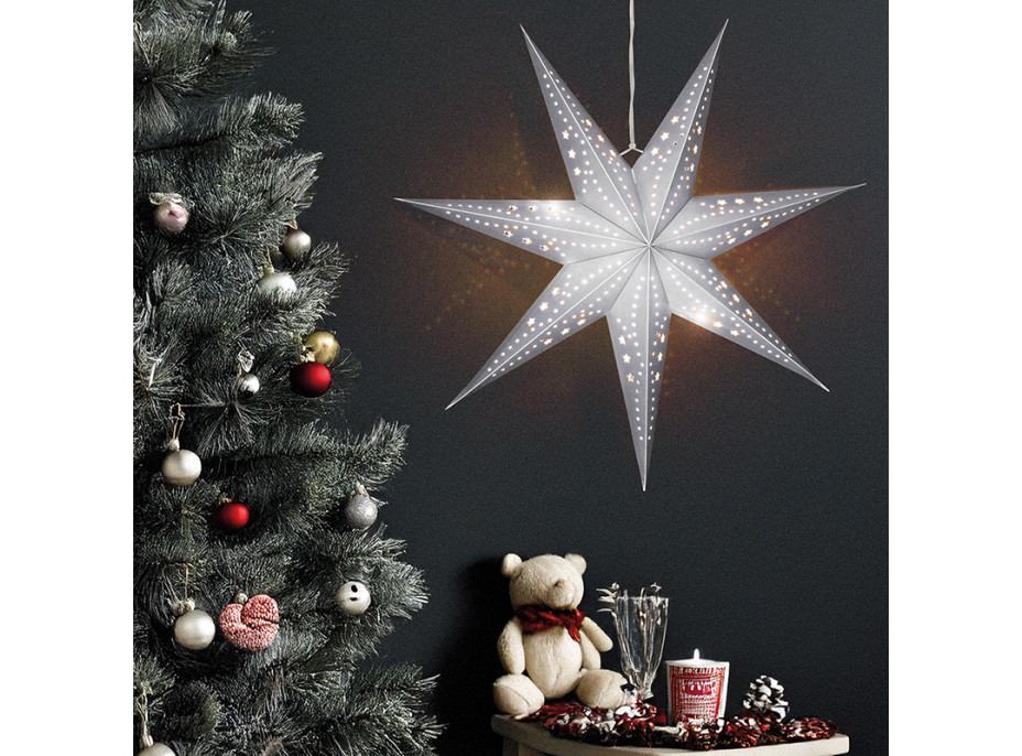 Solight LED vianočná hviezda strieborná, závesná, časovač, 60cm, 20x LED, 2x AA