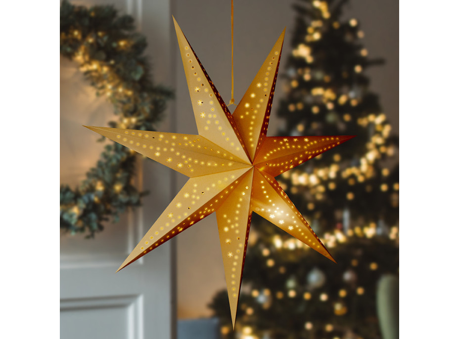 Solight LED vianočná hviezda zlatá, závesná, časovač, 60cm, 20x LED, 2x AA