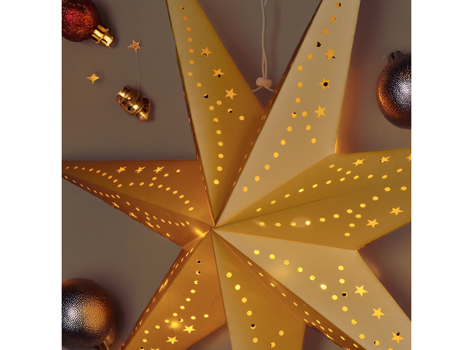 Solight LED vianočná hviezda zlatá, závesná, časovač, 60cm, 20x LED, 2x AA