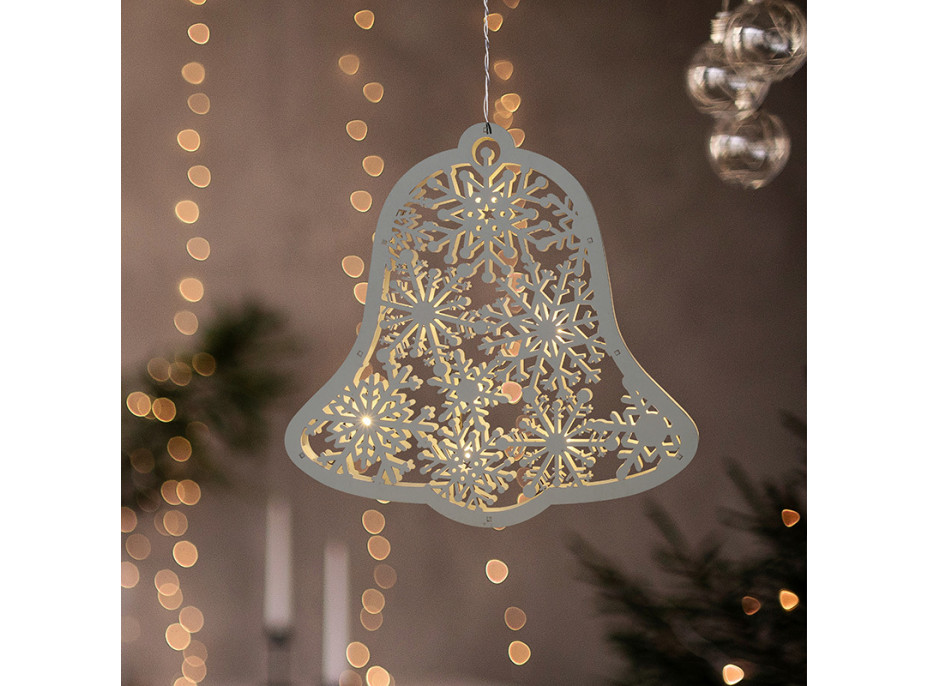 Solight LED drevený vianočný zvonček, 9x LED, biela, 30cm, časovač, 2x AA
