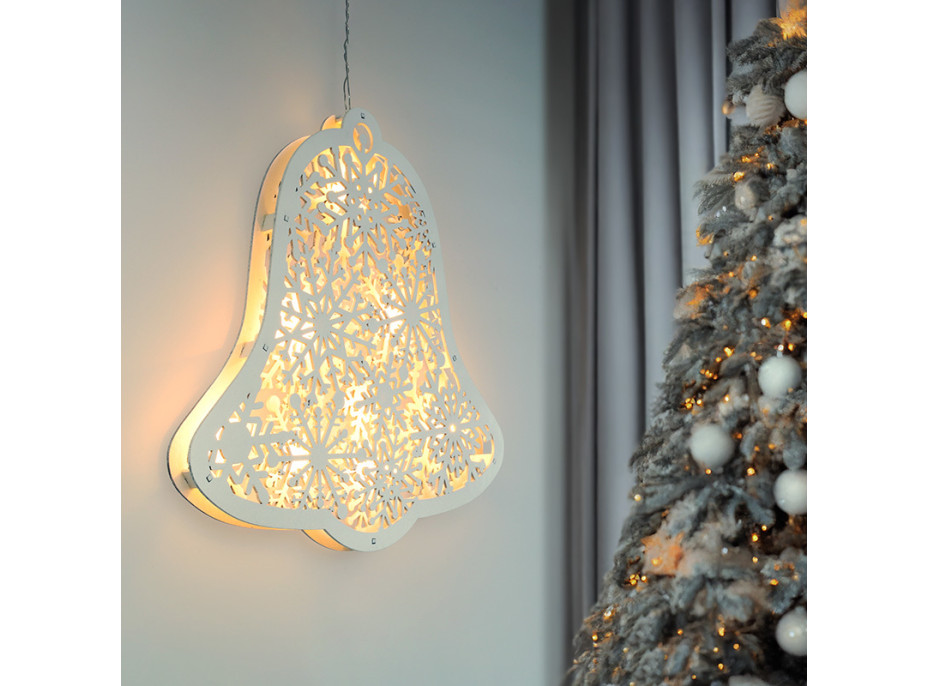 Solight LED drevený vianočný zvonček, 9x LED, biela, 30cm, časovač, 2x AA