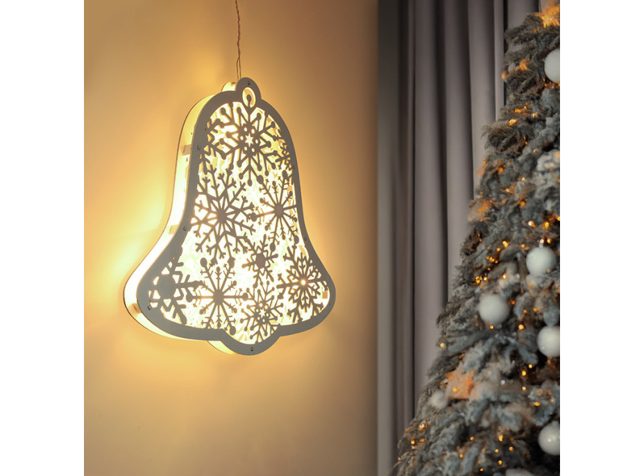 Solight LED drevený vianočný zvonček, 9x LED, biela, 30cm, časovač, 2x AA