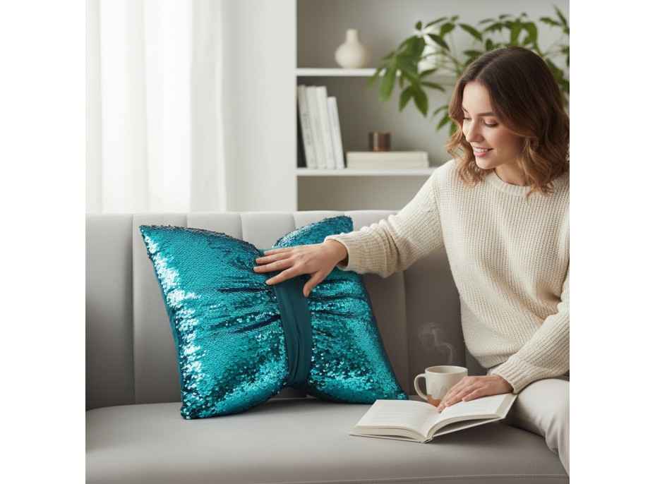 Dekoračný vankúš GLAM SHINE 40x40 cm - tyrkysový/strieborný