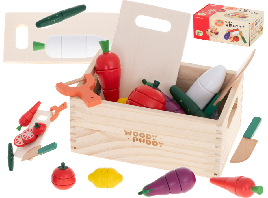 Drevená krájacia zelenina v krabici s príslušenstvom Drevená krájacia zelenina v krabici s príslušenstvom