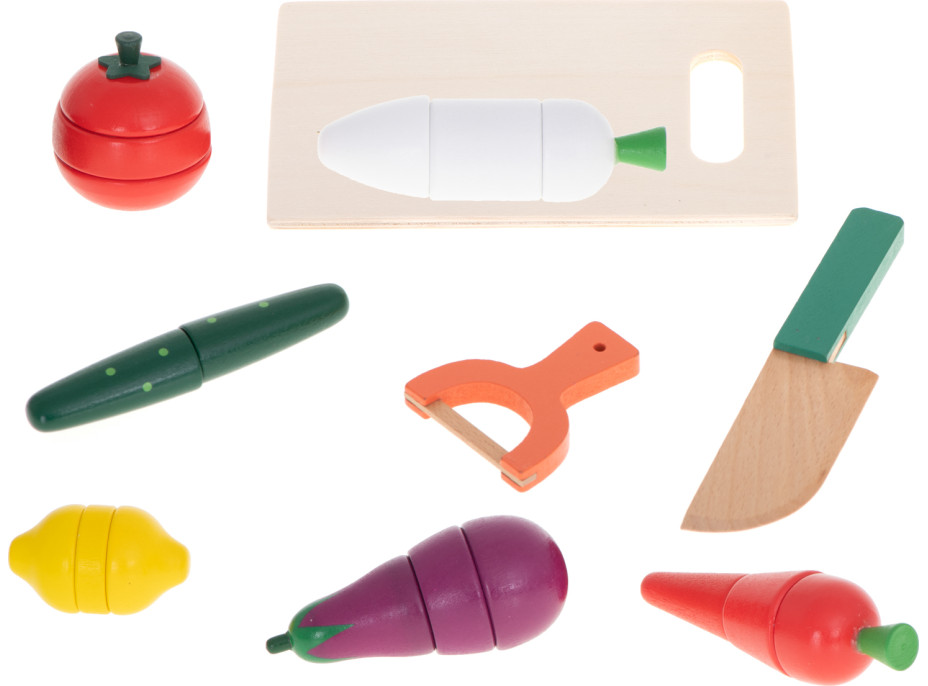 Drevená krájacia zelenina v krabici s príslušenstvom