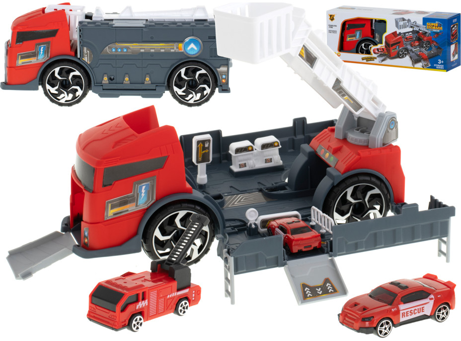 Transportér TIR 2v1 parkovacia garáž hasiči + 3 autá - červená