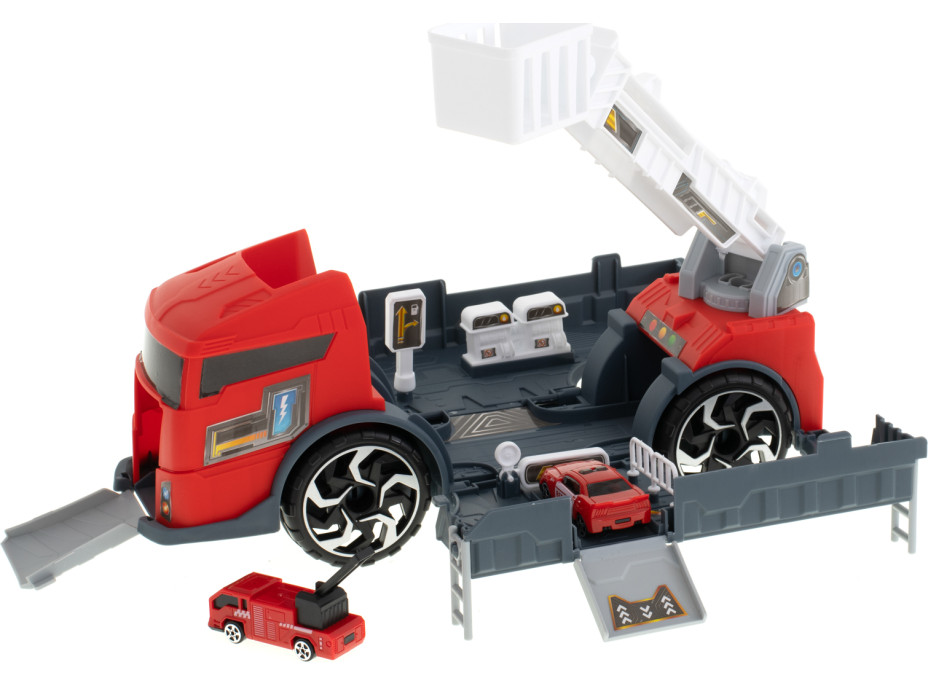 Transportér TIR 2v1 parkovacia garáž hasiči + 3 autá - červená